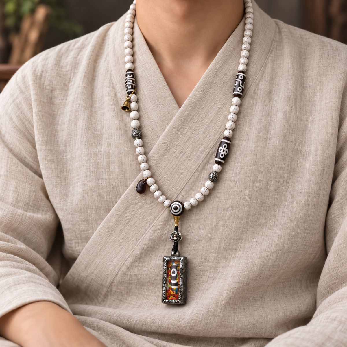 EverestArtstudios Xingyue Bodhi 108-Bead Mala with Two-Eye Dzi-Style Agate and Ghau Pendant — linen seated