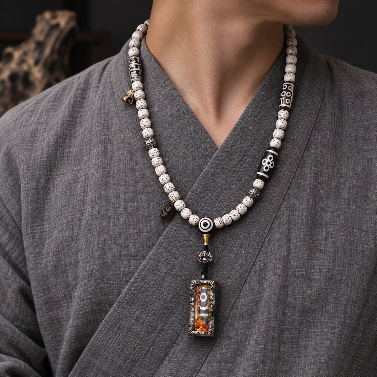EverestArtstudios Xingyue Bodhi 108-Bead Mala with Two-Eye Dzi-Style Agate and Ghau Pendant — linen side