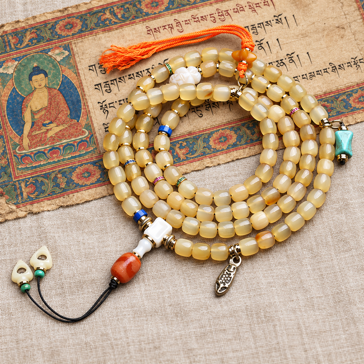 EverestArtstudios Bone 108-Bead Mala with Glass, Agate and Tassel Accents — full product