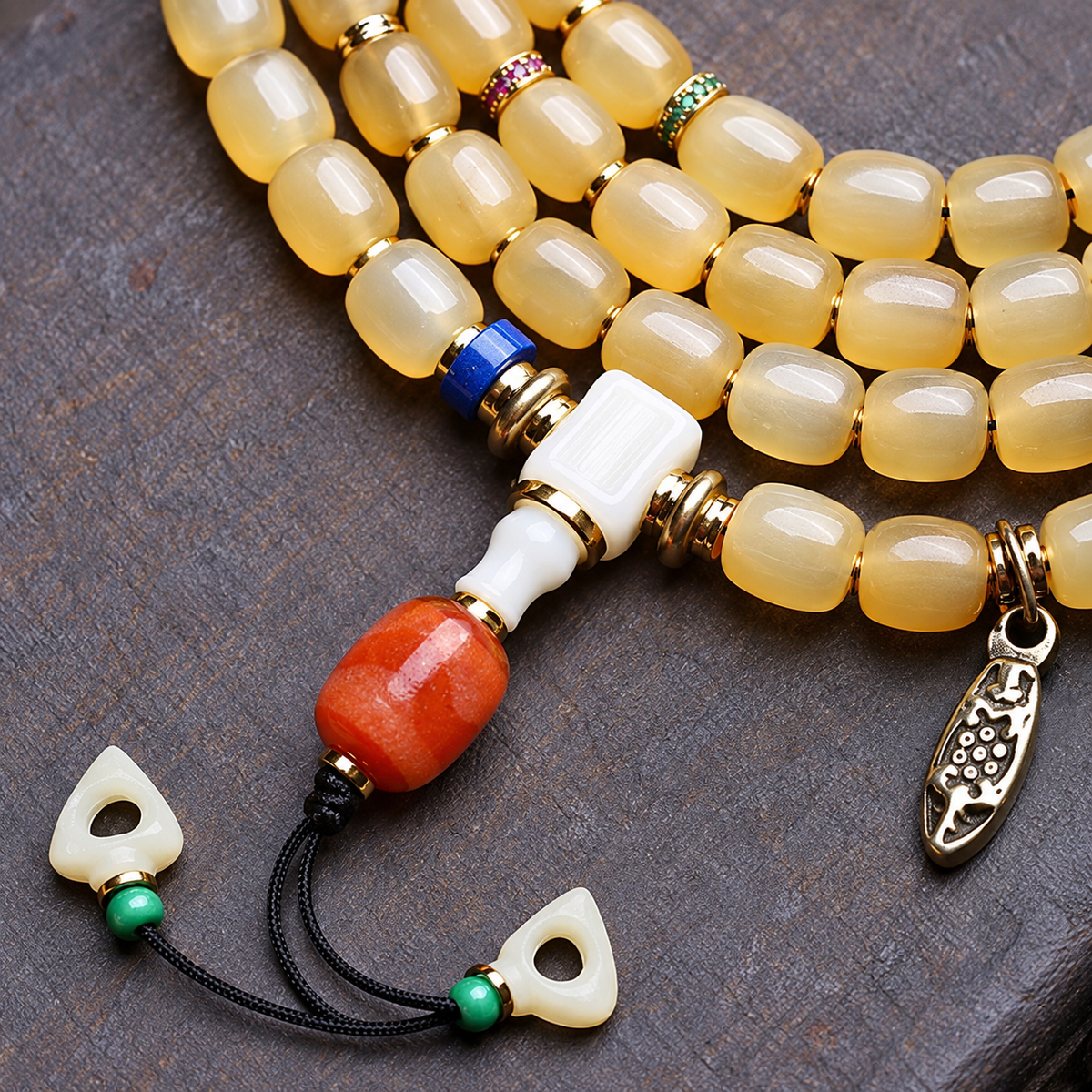 EverestArtstudios Bone 108-Bead Mala with Glass, Agate and Tassel Accents — connection detail