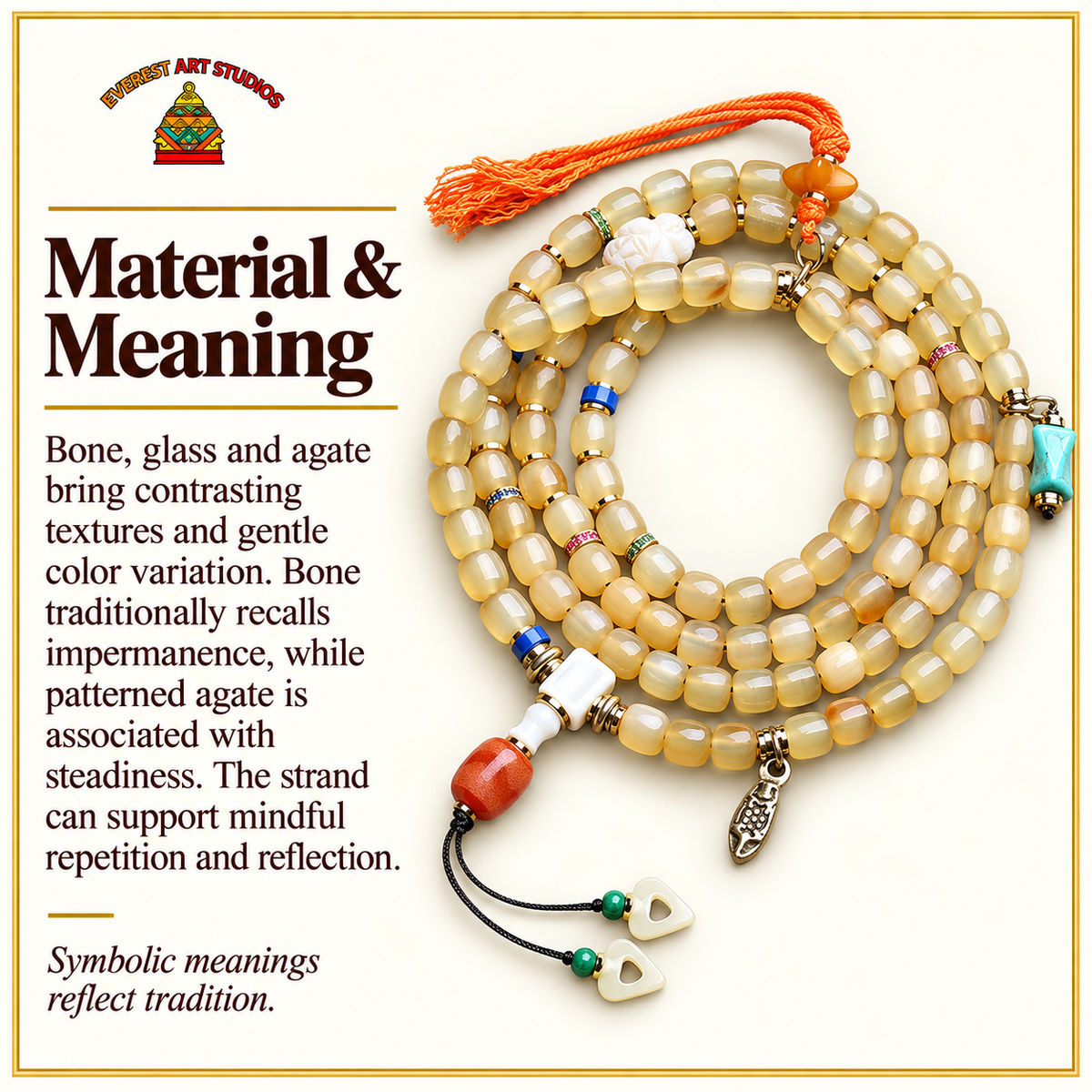 EverestArtstudios Bone 108-Bead Mala with Glass, Agate and Tassel Accents — materials meaning