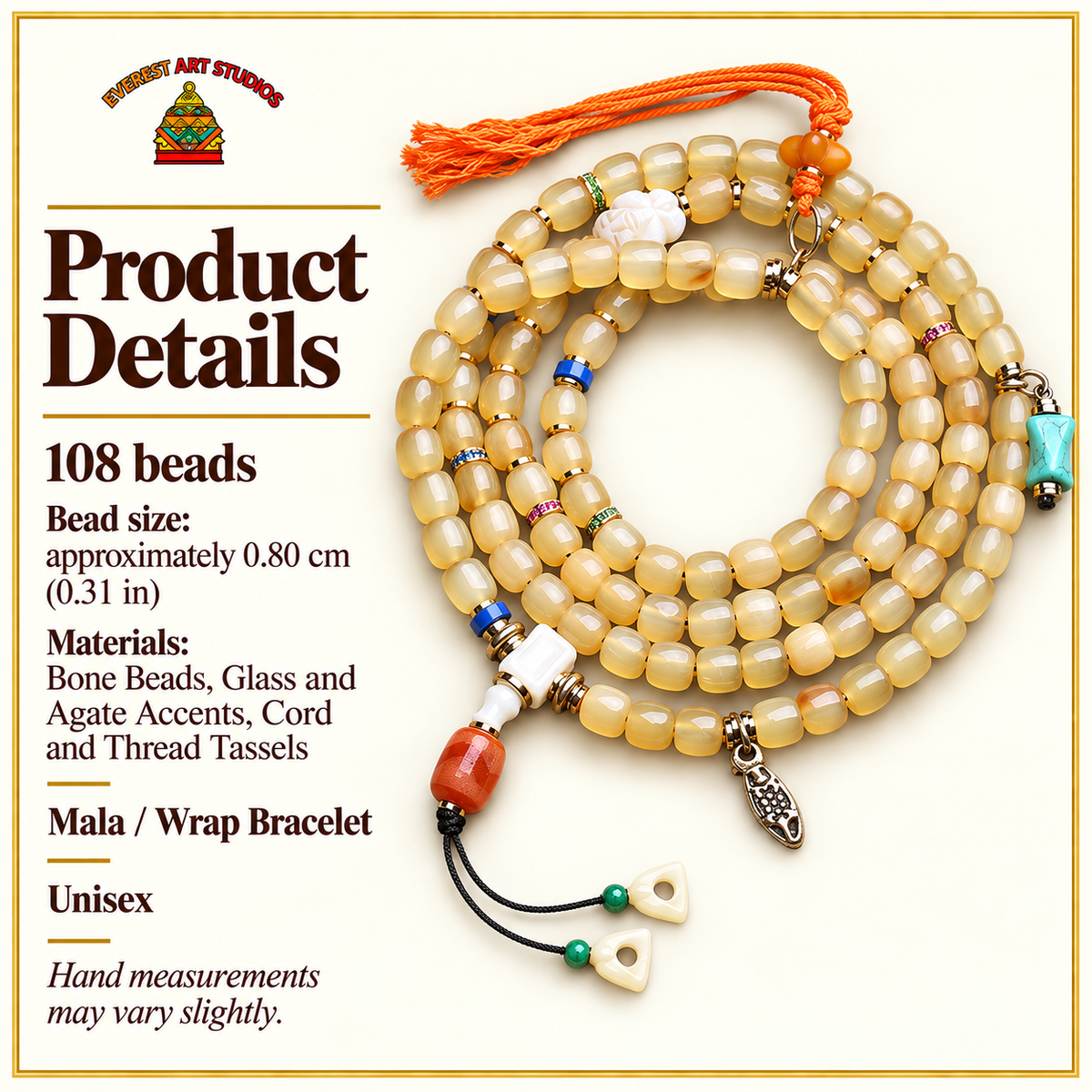 EverestArtstudios Bone 108-Bead Mala with Glass, Agate and Tassel Accents — specifications