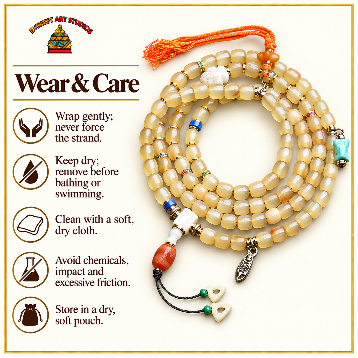 EverestArtstudios Bone 108-Bead Mala with Glass, Agate and Tassel Accents — care