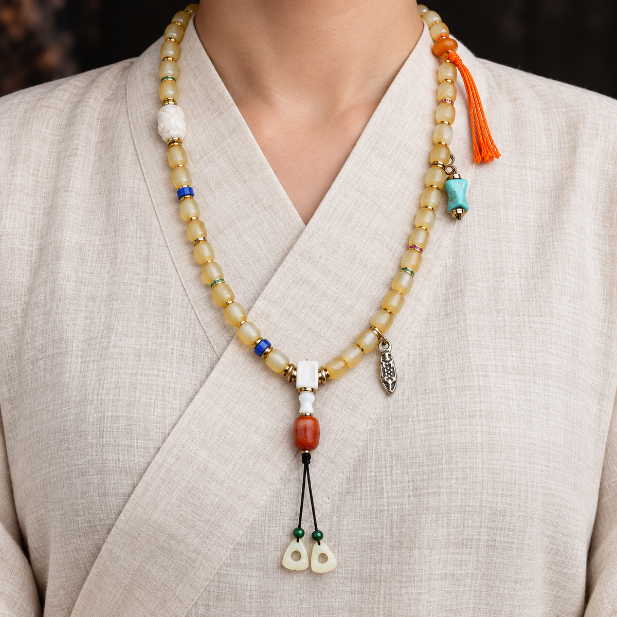 EverestArtstudios Bone 108-Bead Mala with Glass, Agate and Tassel Accents — linen front