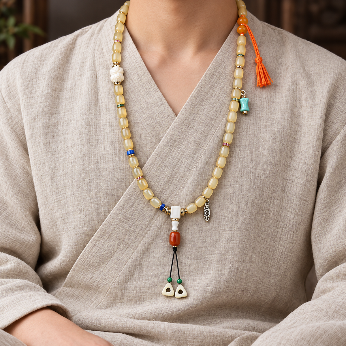 EverestArtstudios Bone 108-Bead Mala with Glass, Agate and Tassel Accents — linen seated