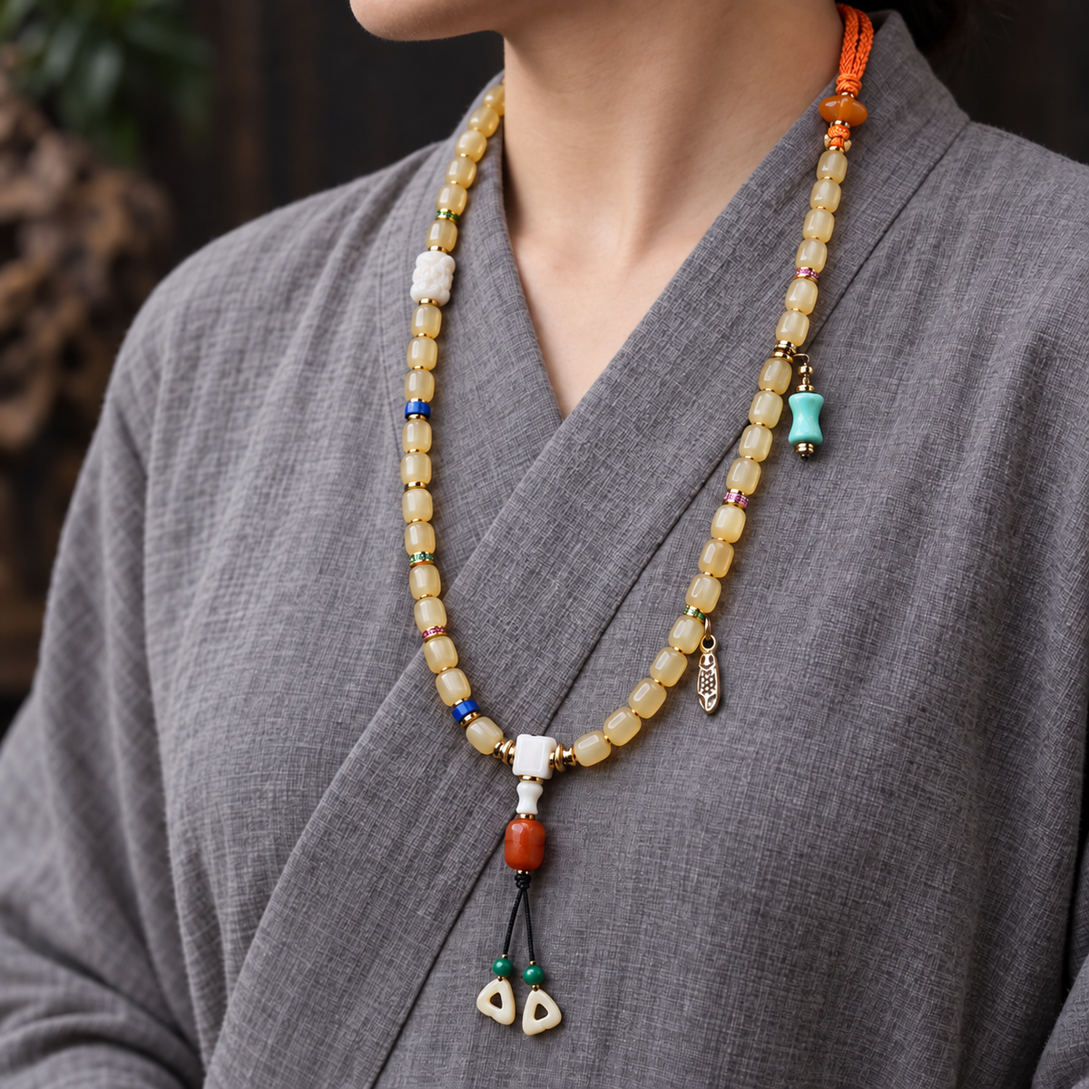 EverestArtstudios Bone 108-Bead Mala with Glass, Agate and Tassel Accents — linen side