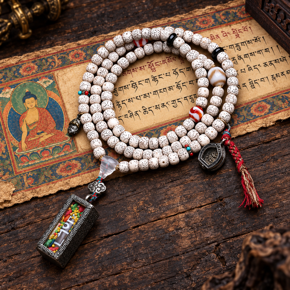EverestArtstudios Xingyue Bodhi 108-Bead Mala with Dzi-Style Agate and Ghau Pendant — full product