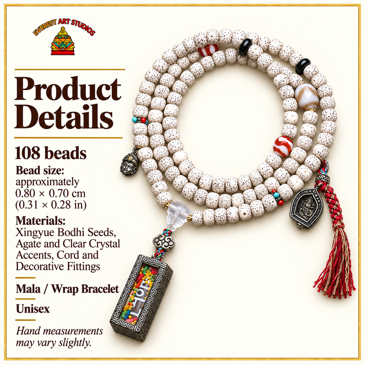 EverestArtstudios Xingyue Bodhi 108-Bead Mala with Dzi-Style Agate and Ghau Pendant — specifications