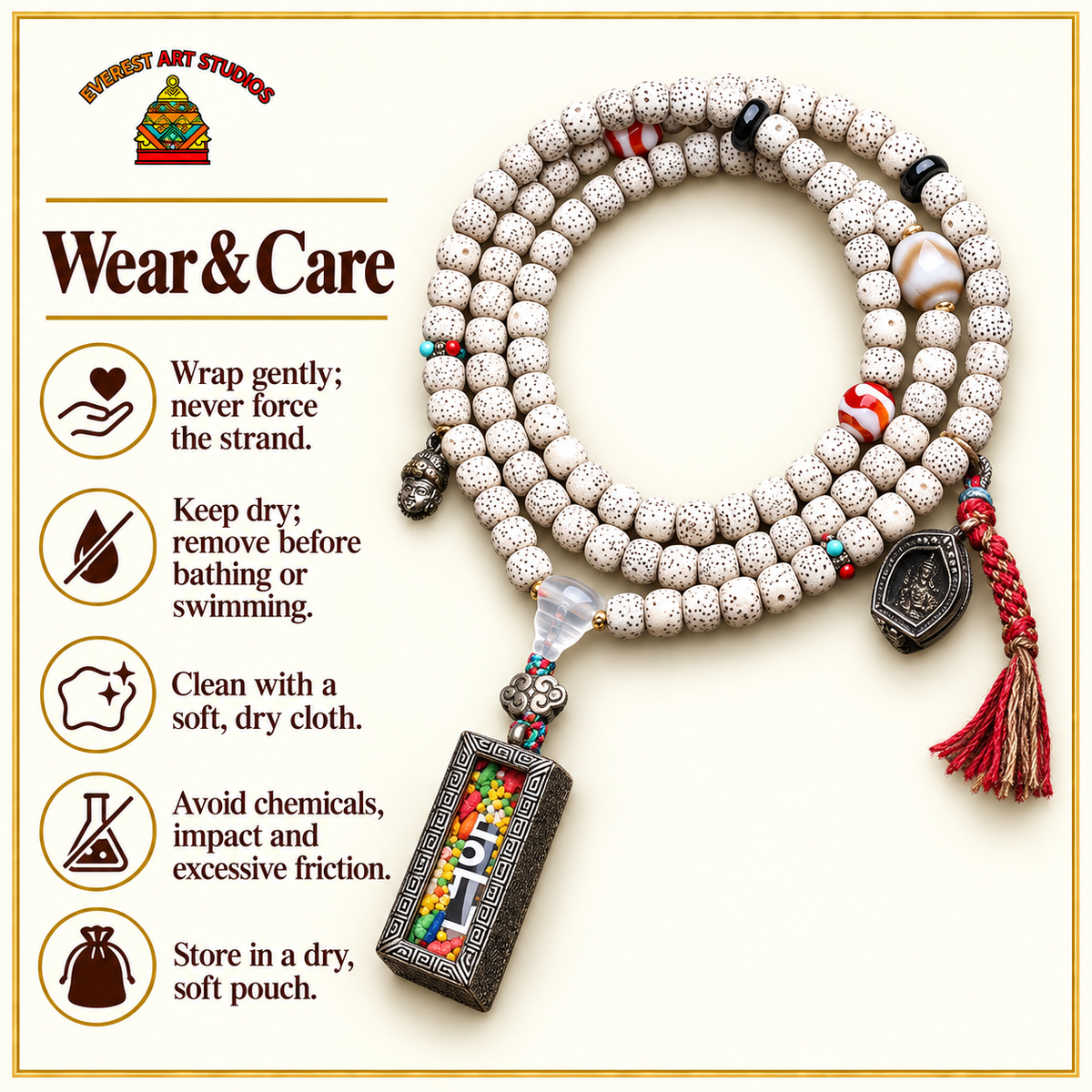 EverestArtstudios Xingyue Bodhi 108-Bead Mala with Dzi-Style Agate and Ghau Pendant — care