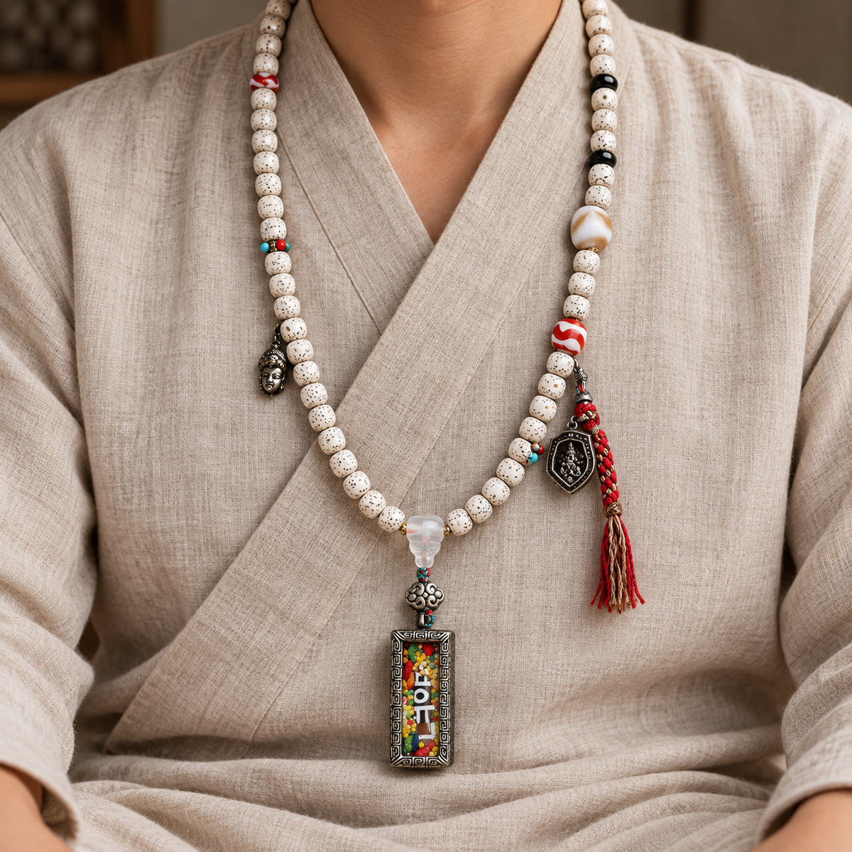 EverestArtstudios Xingyue Bodhi 108-Bead Mala with Dzi-Style Agate and Ghau Pendant — linen seated