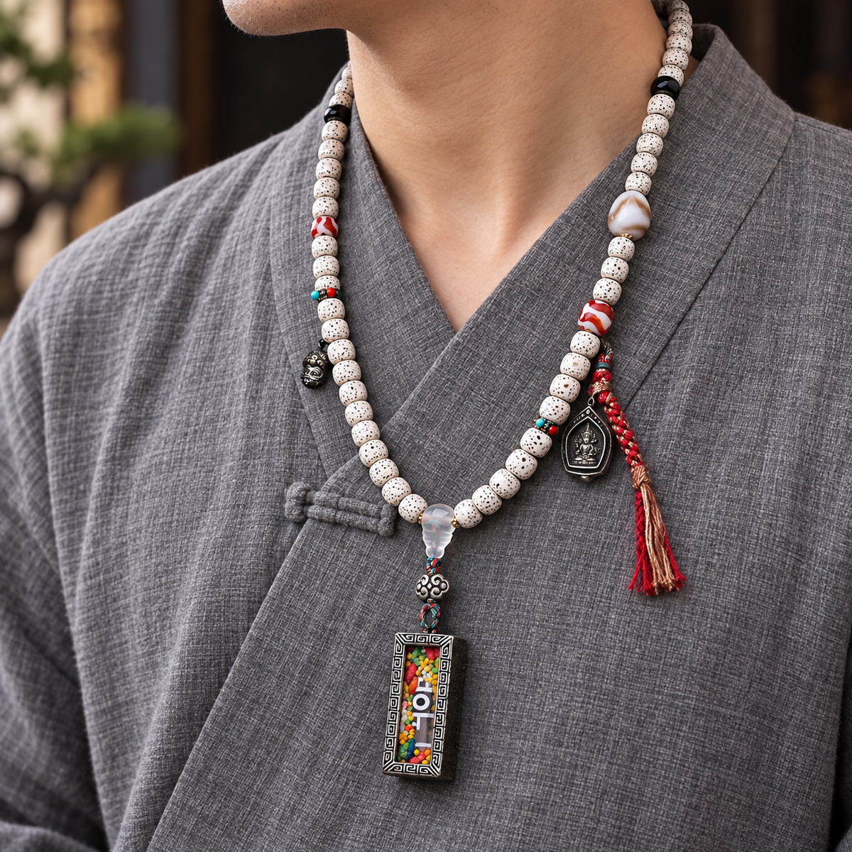 EverestArtstudios Xingyue Bodhi 108-Bead Mala with Dzi-Style Agate and Ghau Pendant — linen side
