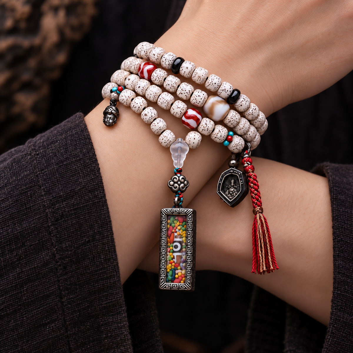 EverestArtstudios Xingyue Bodhi 108-Bead Mala with Dzi-Style Agate and Ghau Pendant — wrist crossed