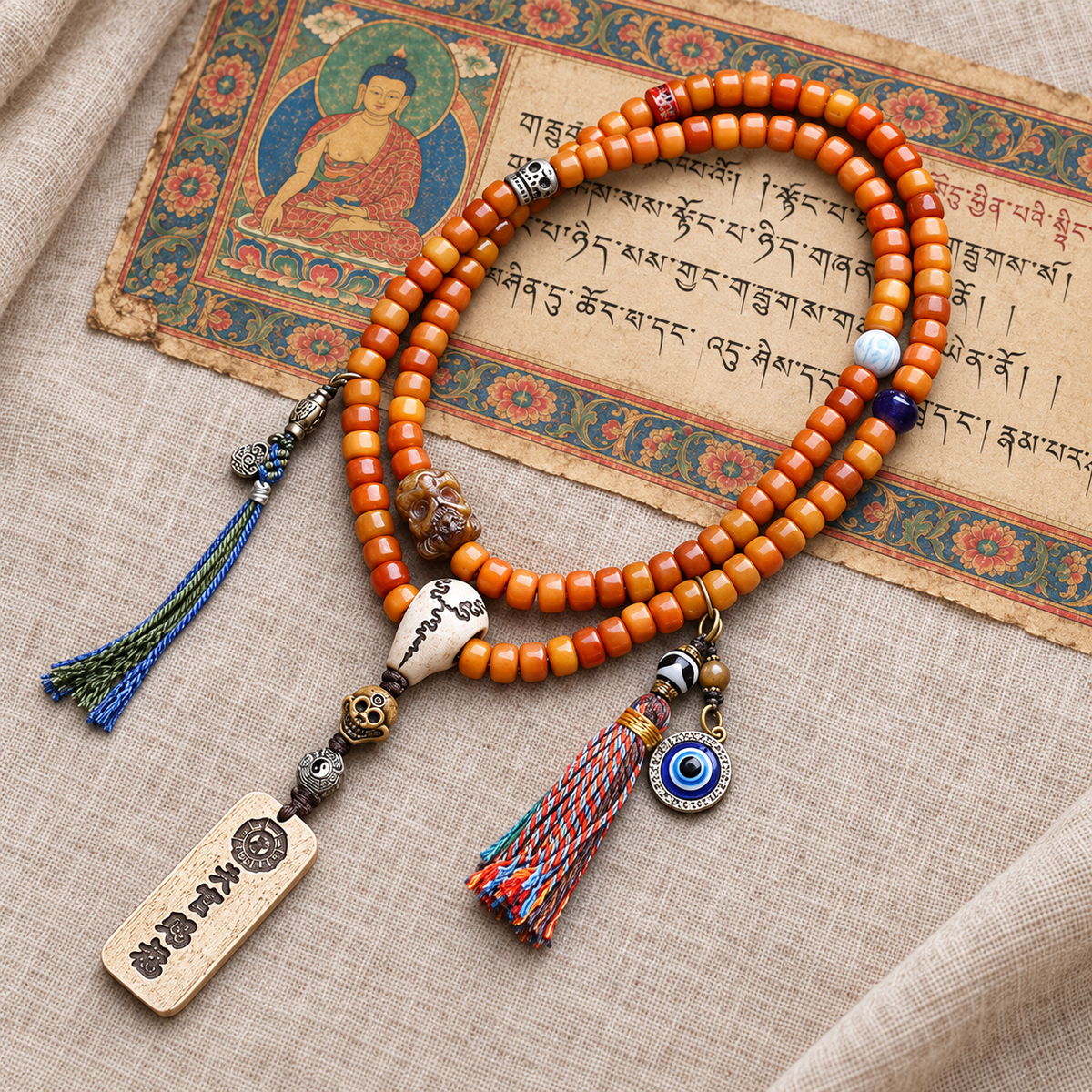 EverestArtstudios Bone 108-Bead Mala with Blessing Pendant and Bird Motif Charms — full product