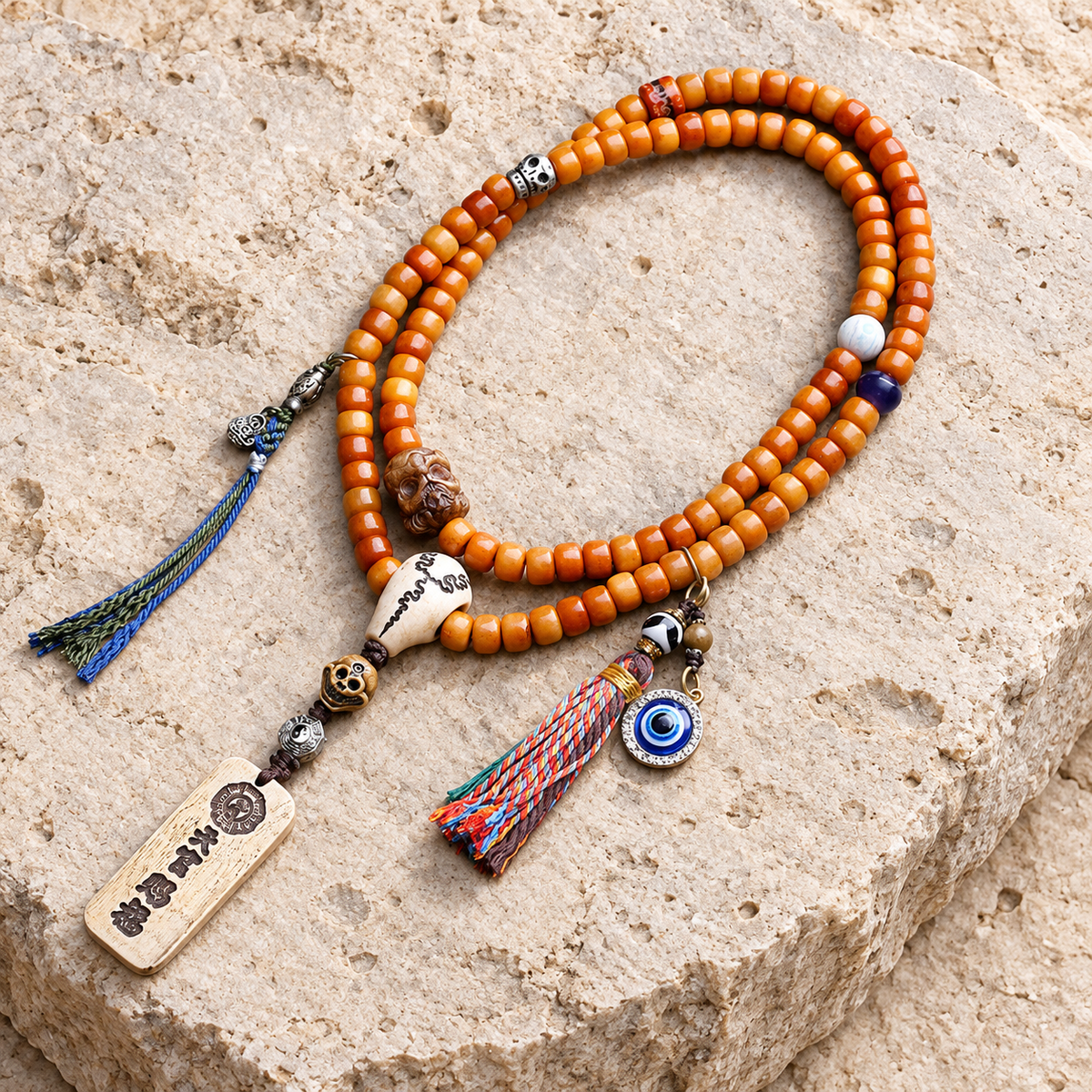 EverestArtstudios Bone 108-Bead Mala with Blessing Pendant and Bird Motif Charms — overall display