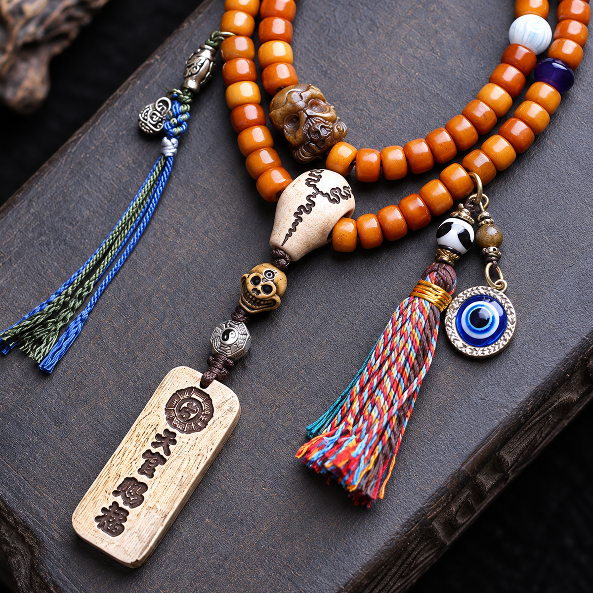 EverestArtstudios Bone 108-Bead Mala with Blessing Pendant and Bird Motif Charms — connection detail