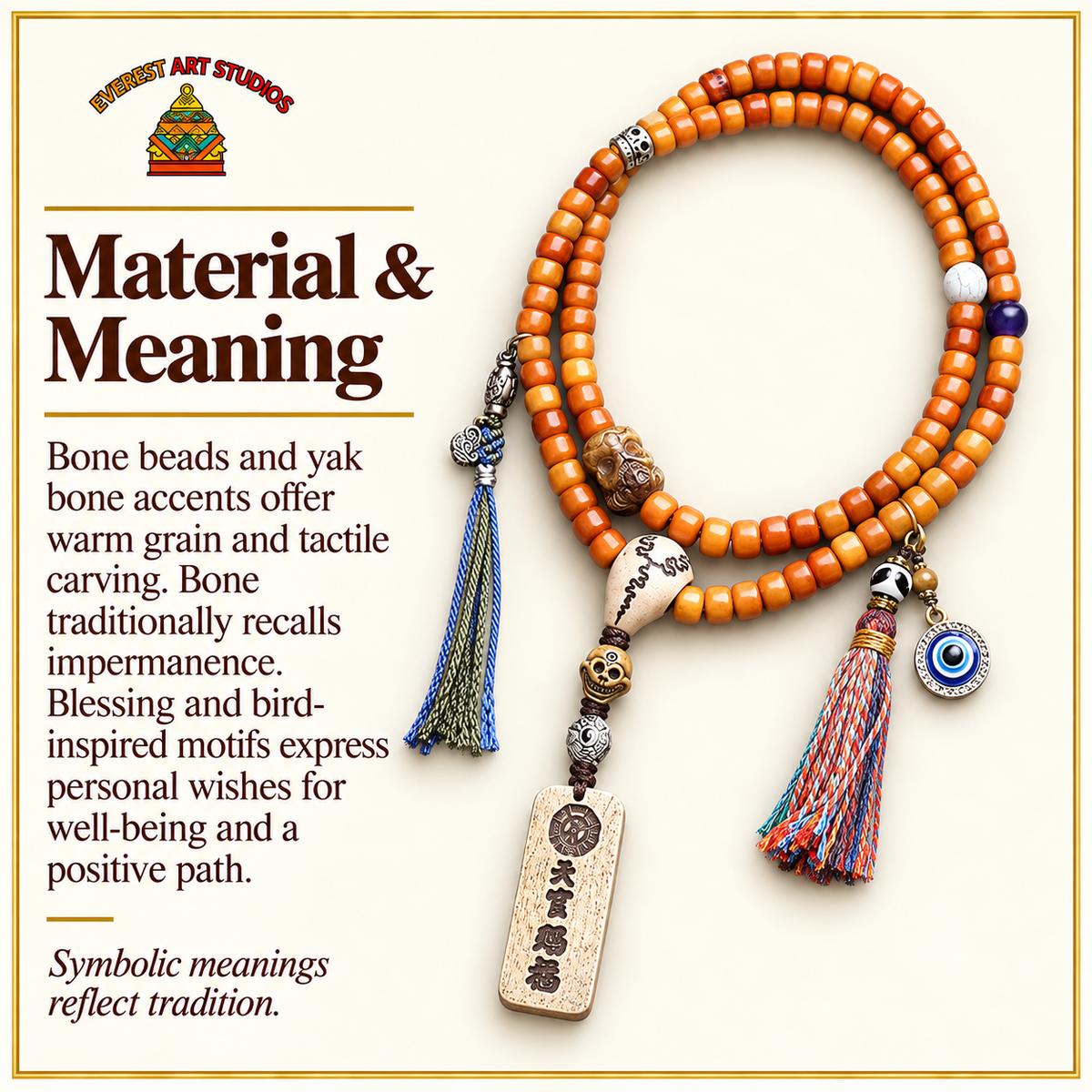 EverestArtstudios Bone 108-Bead Mala with Blessing Pendant and Bird Motif Charms — materials meaning