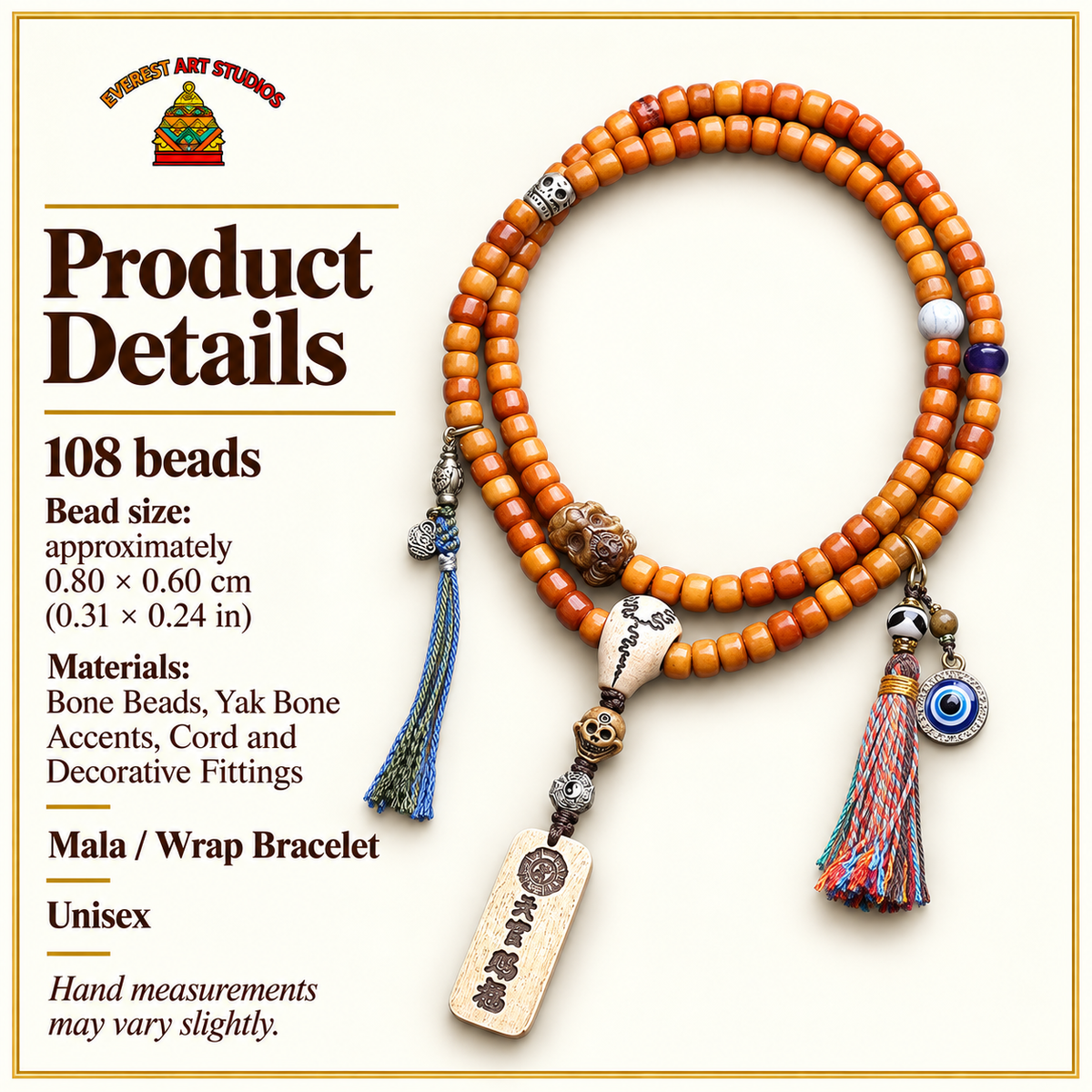 EverestArtstudios Bone 108-Bead Mala with Blessing Pendant and Bird Motif Charms — specifications