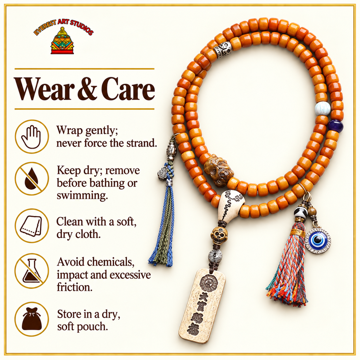 EverestArtstudios Bone 108-Bead Mala with Blessing Pendant and Bird Motif Charms — care