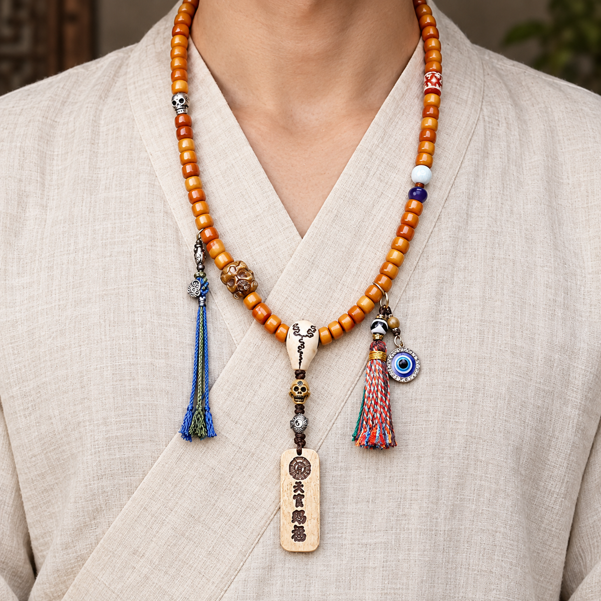 EverestArtstudios Bone 108-Bead Mala with Blessing Pendant and Bird Motif Charms — linen front
