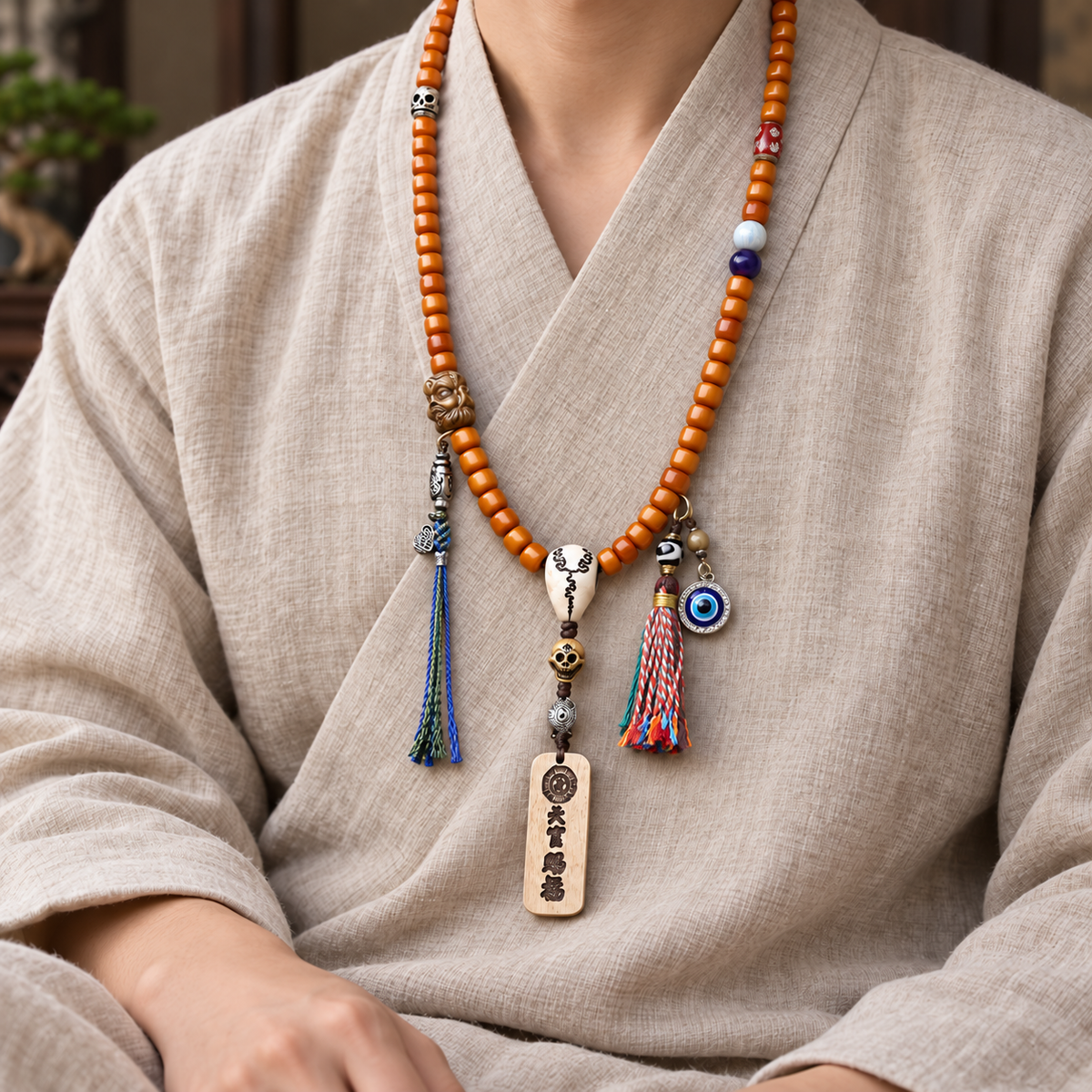 EverestArtstudios Bone 108-Bead Mala with Blessing Pendant and Bird Motif Charms — linen seated