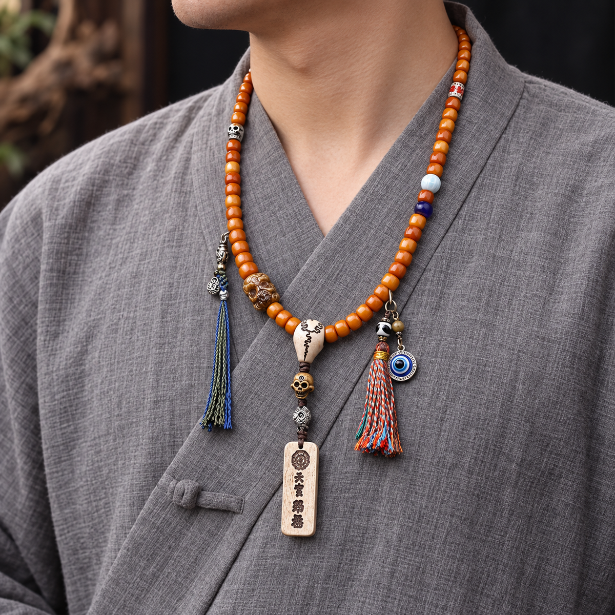EverestArtstudios Bone 108-Bead Mala with Blessing Pendant and Bird Motif Charms — linen side