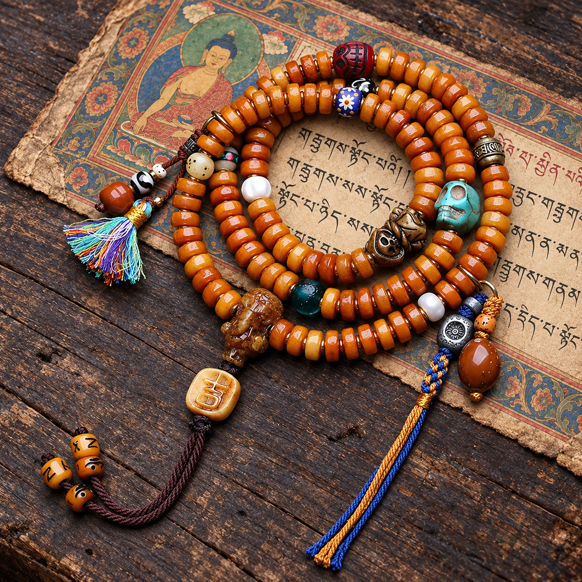 EverestArtstudios Yak Bone 108-Bead Mala with Camel Bone and Elephant Motif Accents — full product