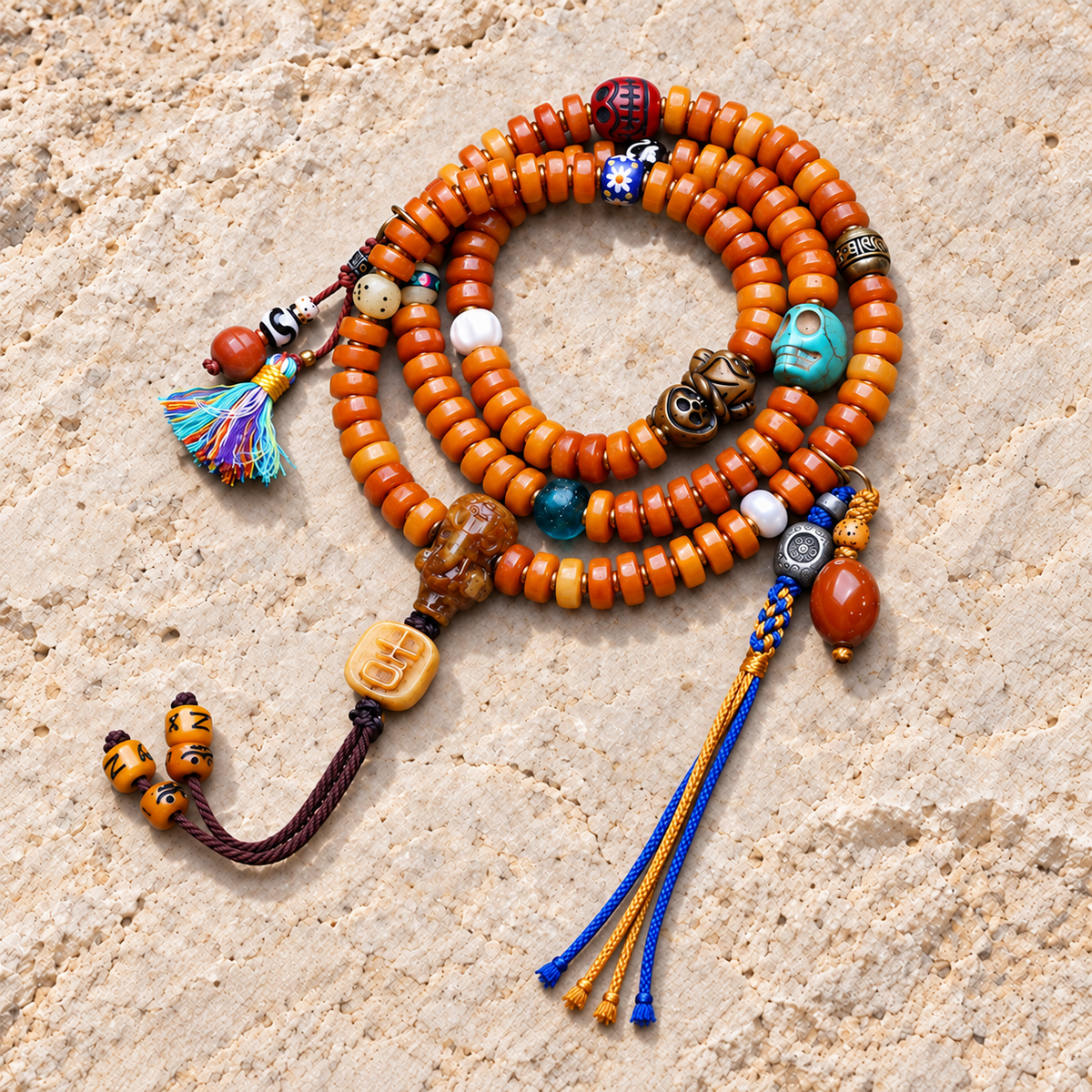 EverestArtstudios Yak Bone 108-Bead Mala with Camel Bone and Elephant Motif Accents — overall display