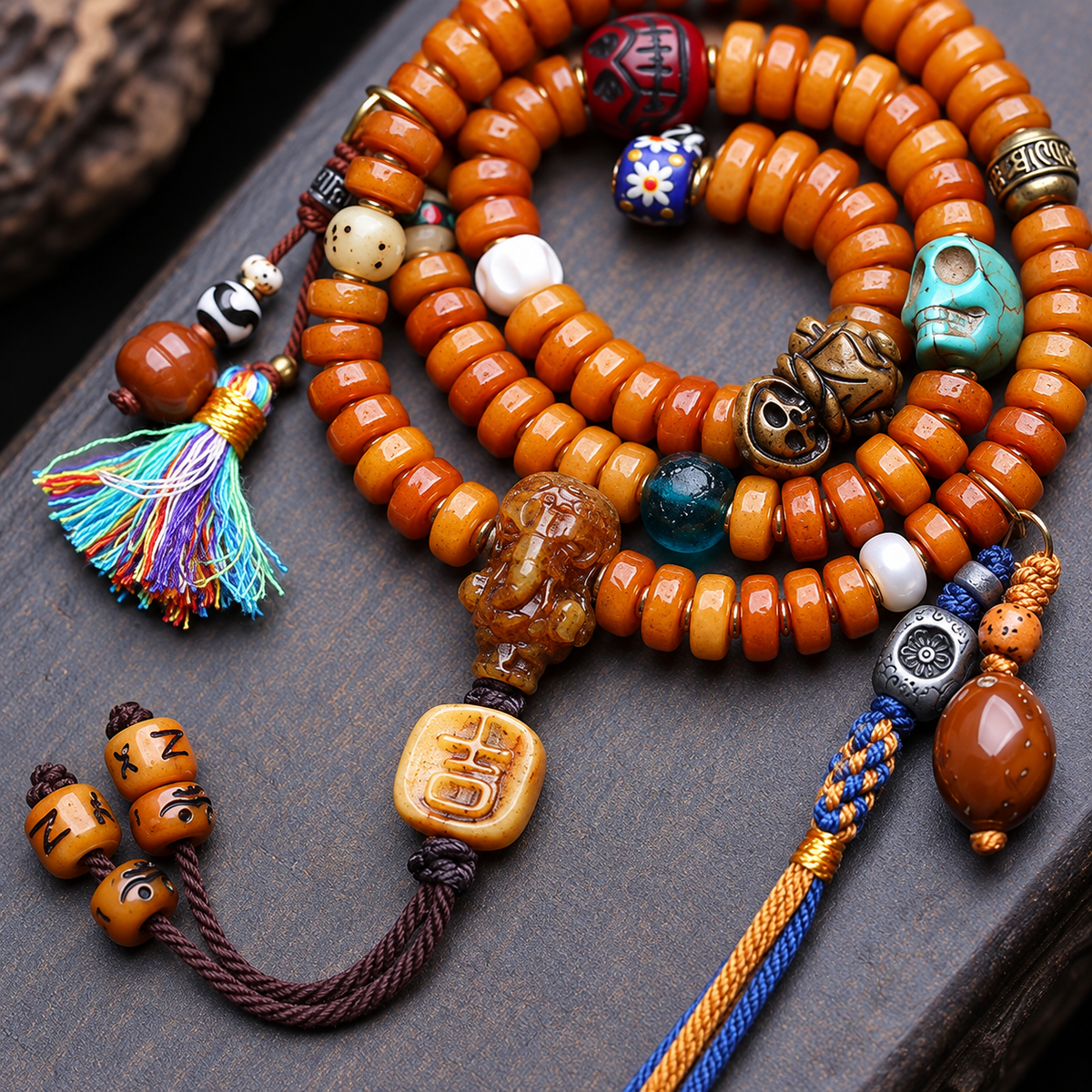 EverestArtstudios Yak Bone 108-Bead Mala with Camel Bone and Elephant Motif Accents — connection detail