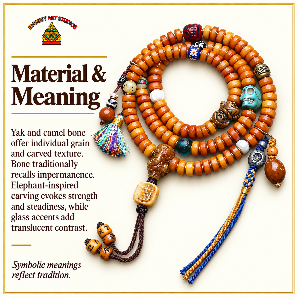 EverestArtstudios Yak Bone 108-Bead Mala with Camel Bone and Elephant Motif Accents — materials meaning