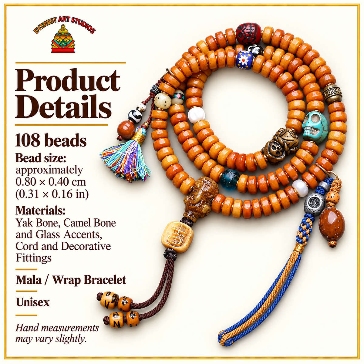 EverestArtstudios Yak Bone 108-Bead Mala with Camel Bone and Elephant Motif Accents — specifications