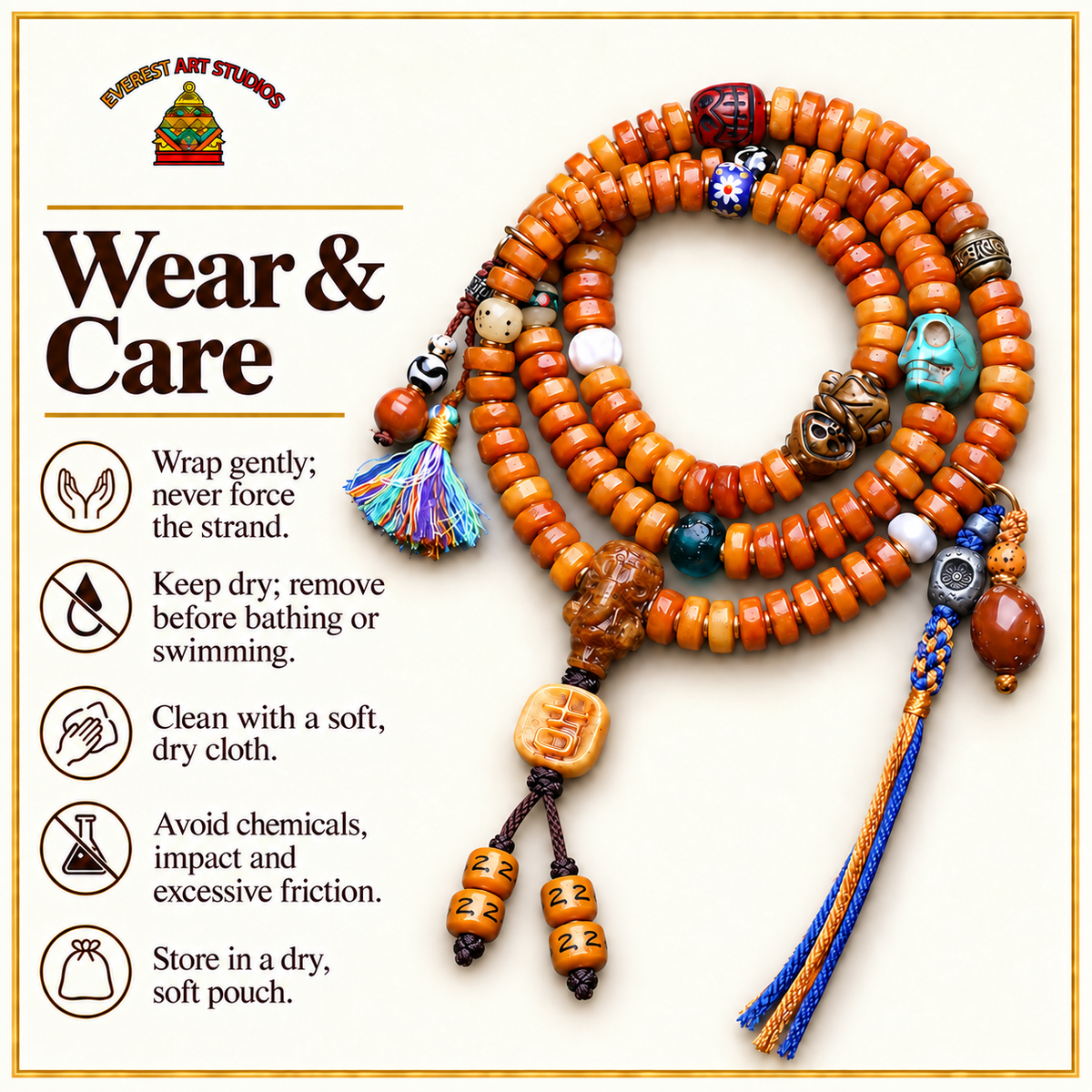 EverestArtstudios Yak Bone 108-Bead Mala with Camel Bone and Elephant Motif Accents — care
