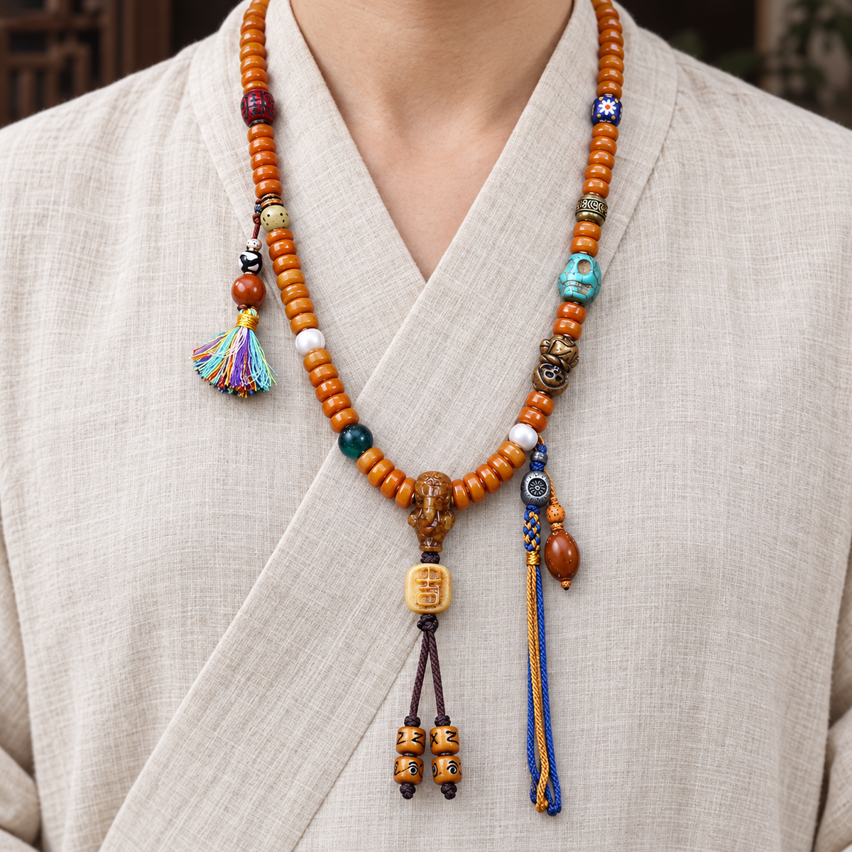 EverestArtstudios Yak Bone 108-Bead Mala with Camel Bone and Elephant Motif Accents — linen front