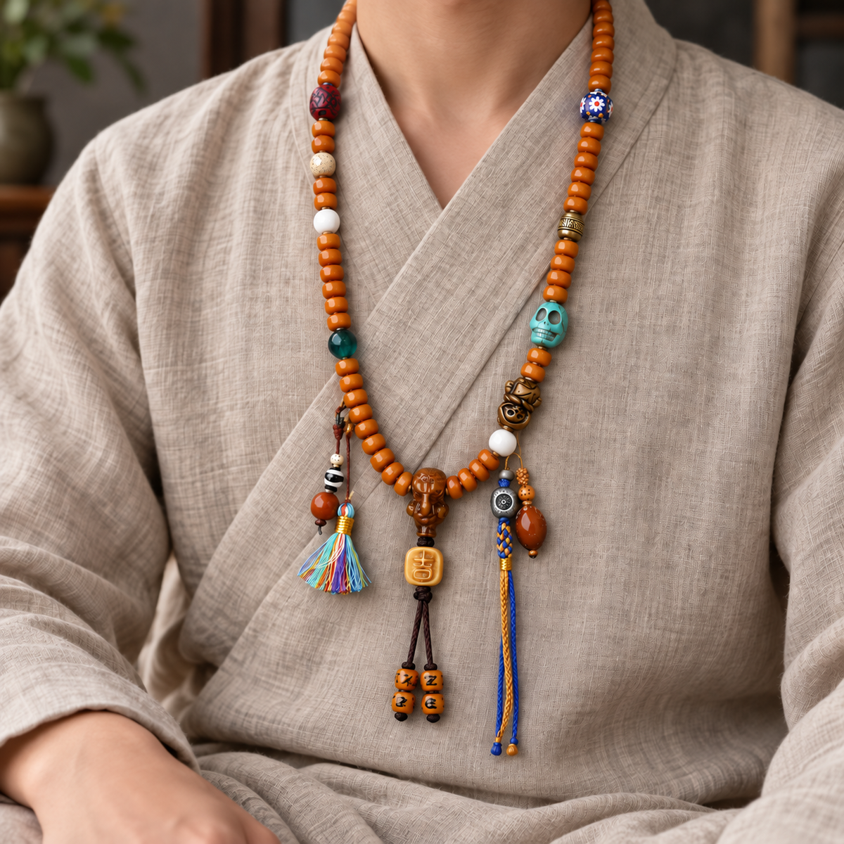 EverestArtstudios Yak Bone 108-Bead Mala with Camel Bone and Elephant Motif Accents — linen seated