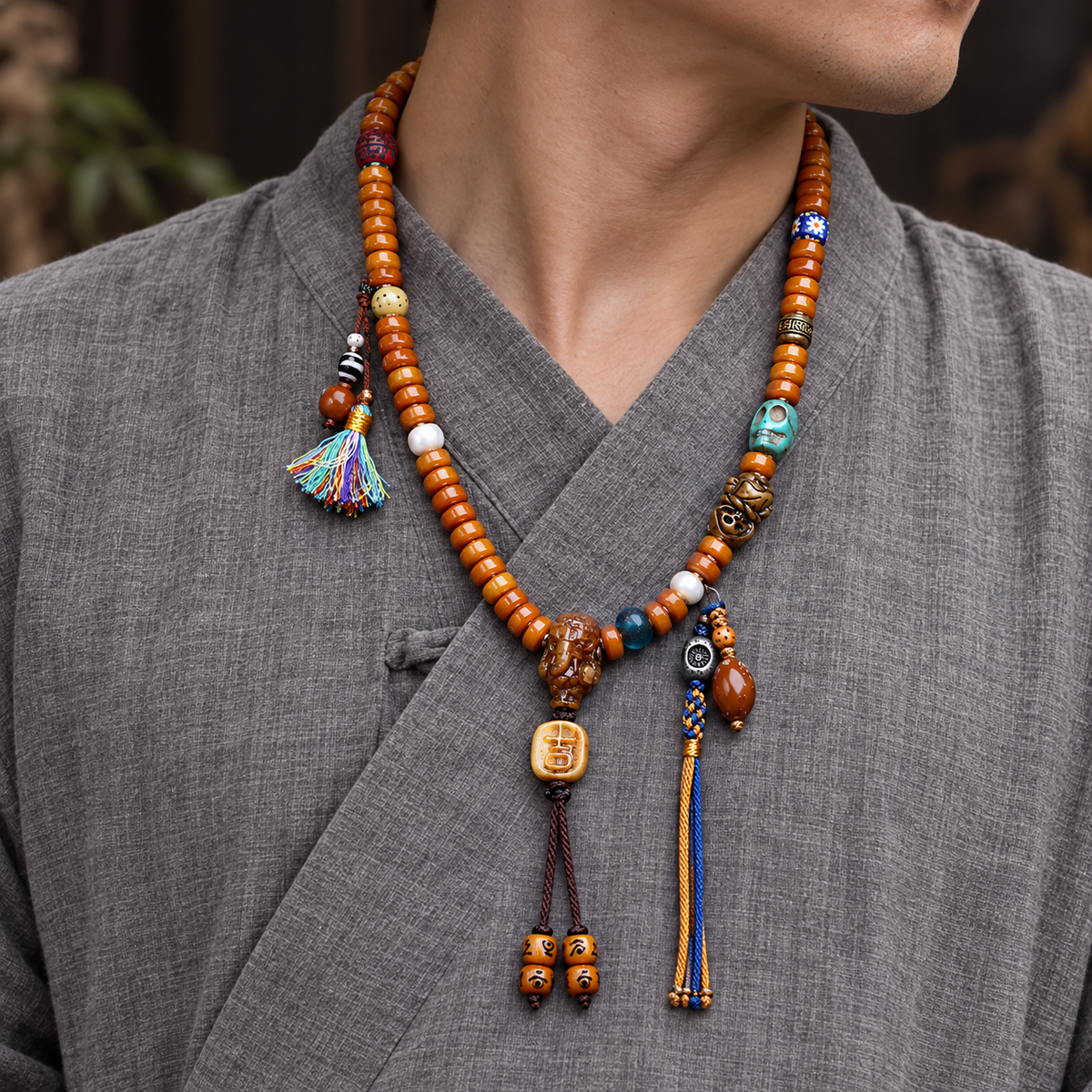EverestArtstudios Yak Bone 108-Bead Mala with Camel Bone and Elephant Motif Accents — linen side