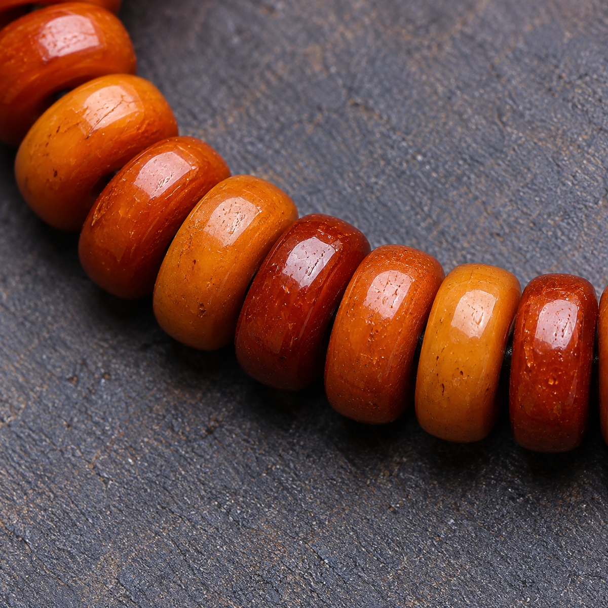 Yak bone mala with Phoenix Eye Bodhi accents — bead detail