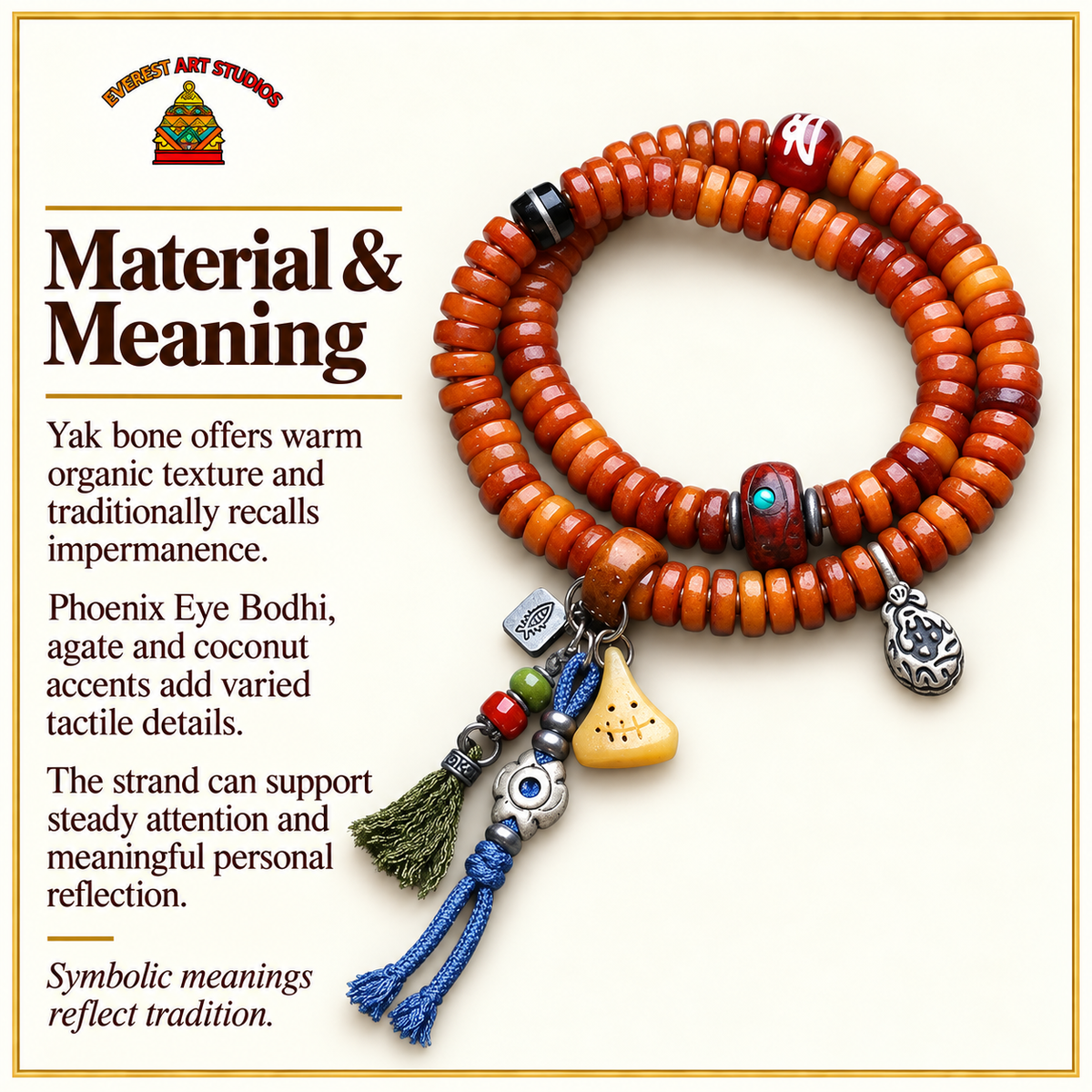 Yak bone mala with Phoenix Eye Bodhi accents — materials meaning