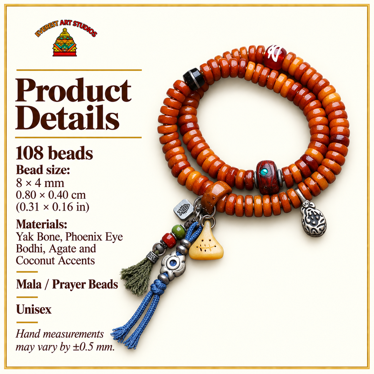 Yak bone mala with Phoenix Eye Bodhi accents — specifications