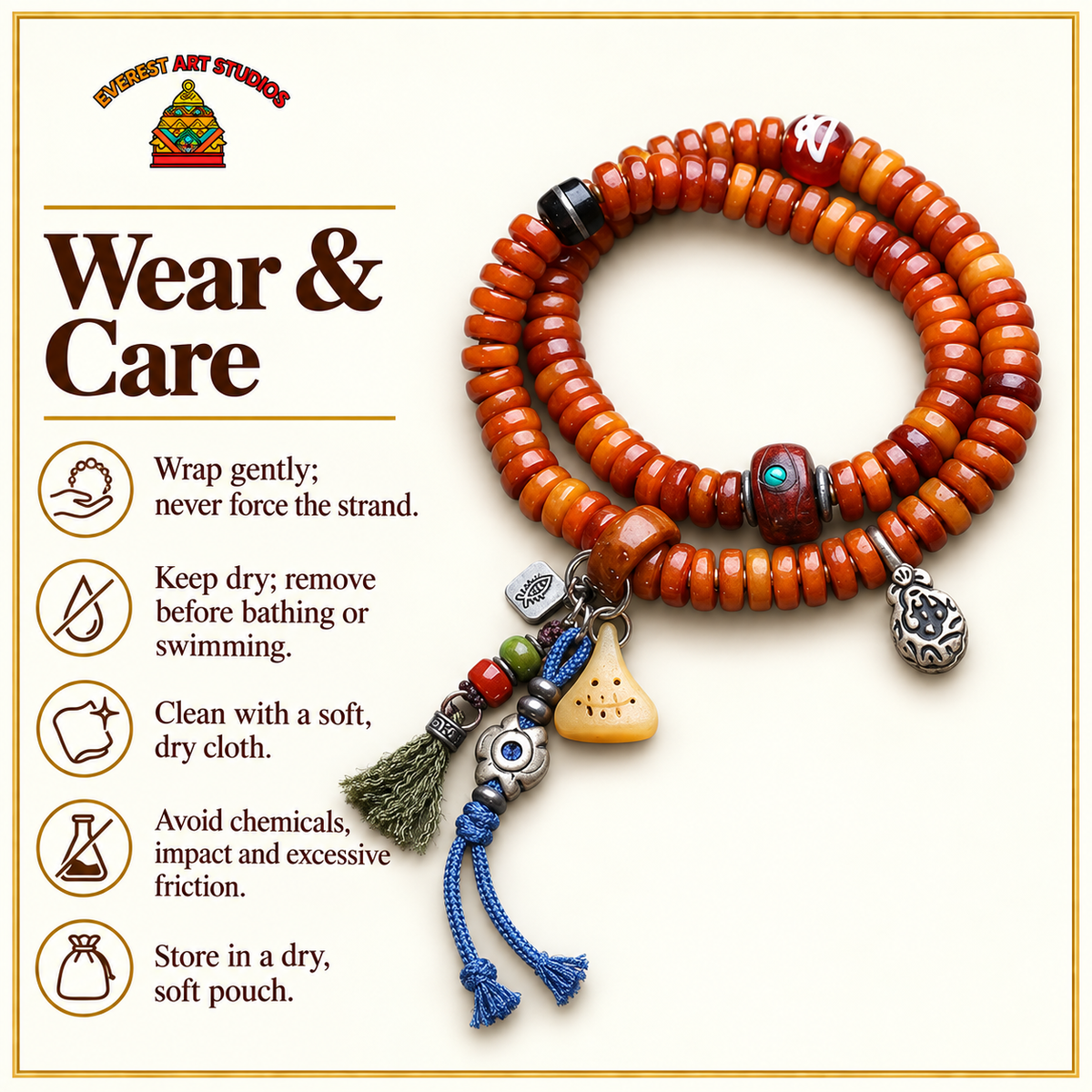 Yak bone mala with Phoenix Eye Bodhi accents — care