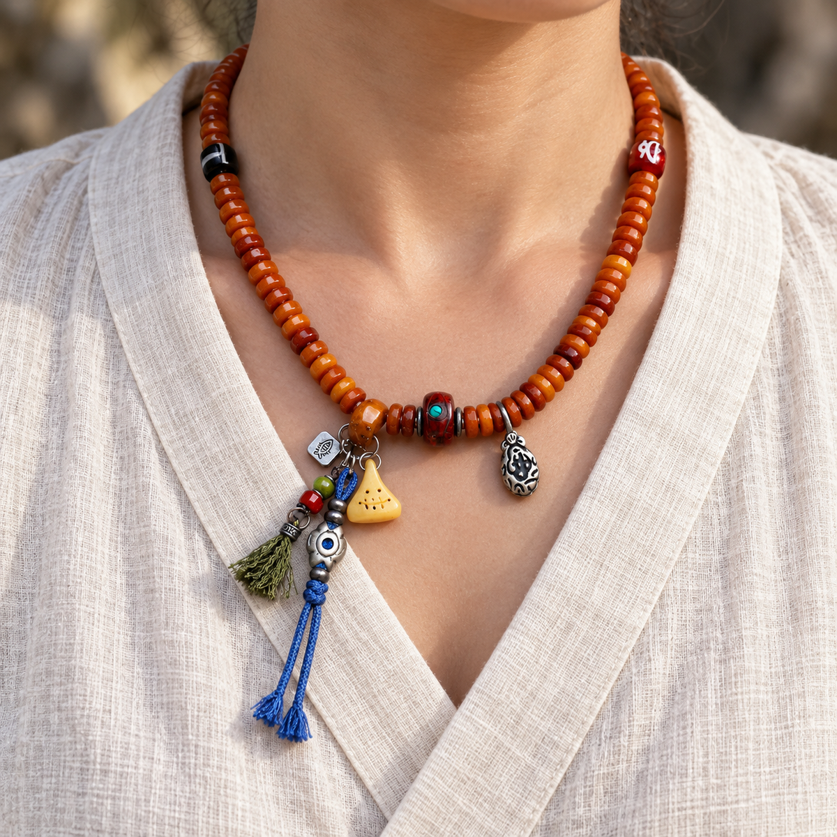 Yak bone mala with Phoenix Eye Bodhi accents — linen front