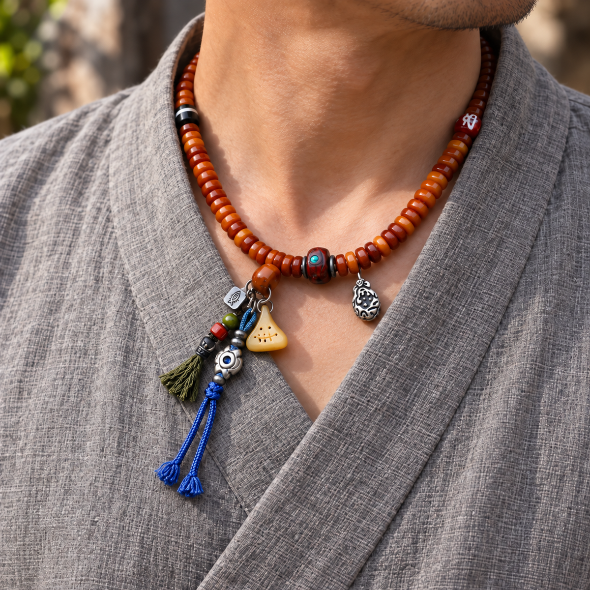 Yak bone mala with Phoenix Eye Bodhi accents — linen side