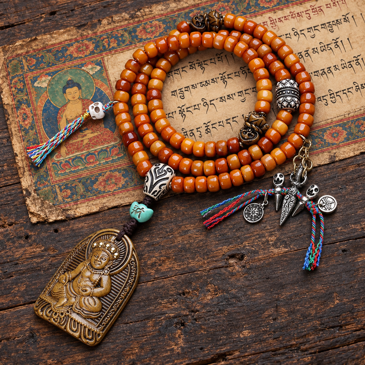 EverestArtstudios Yak Bone 108-Bead Mala with Wealth Deity Pendant and Camel Bone Accents — full product
