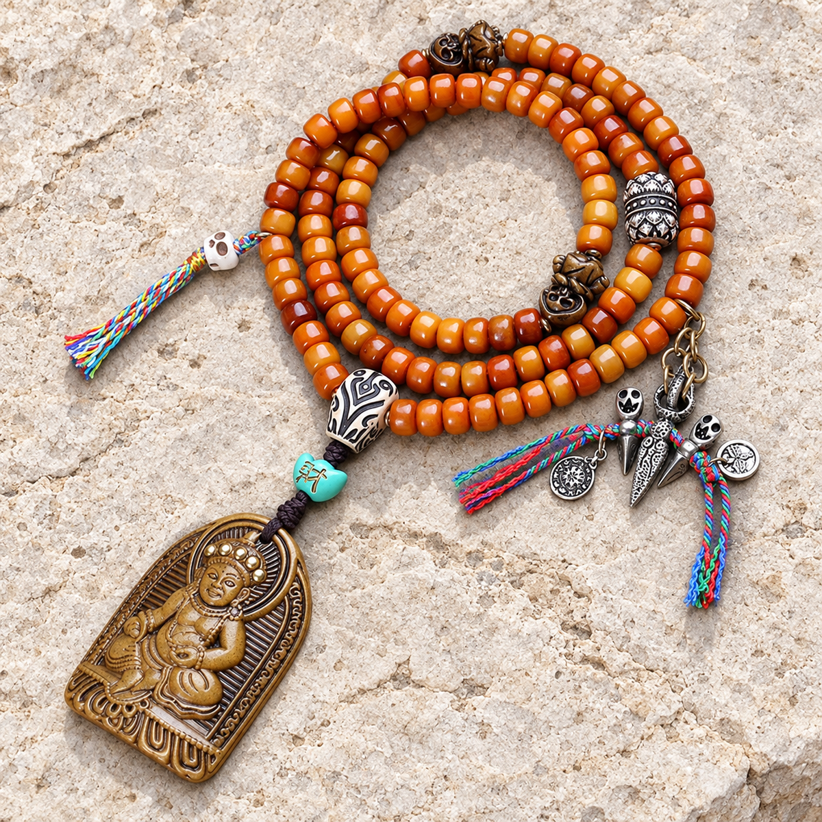 EverestArtstudios Yak Bone 108-Bead Mala with Wealth Deity Pendant and Camel Bone Accents — overall display