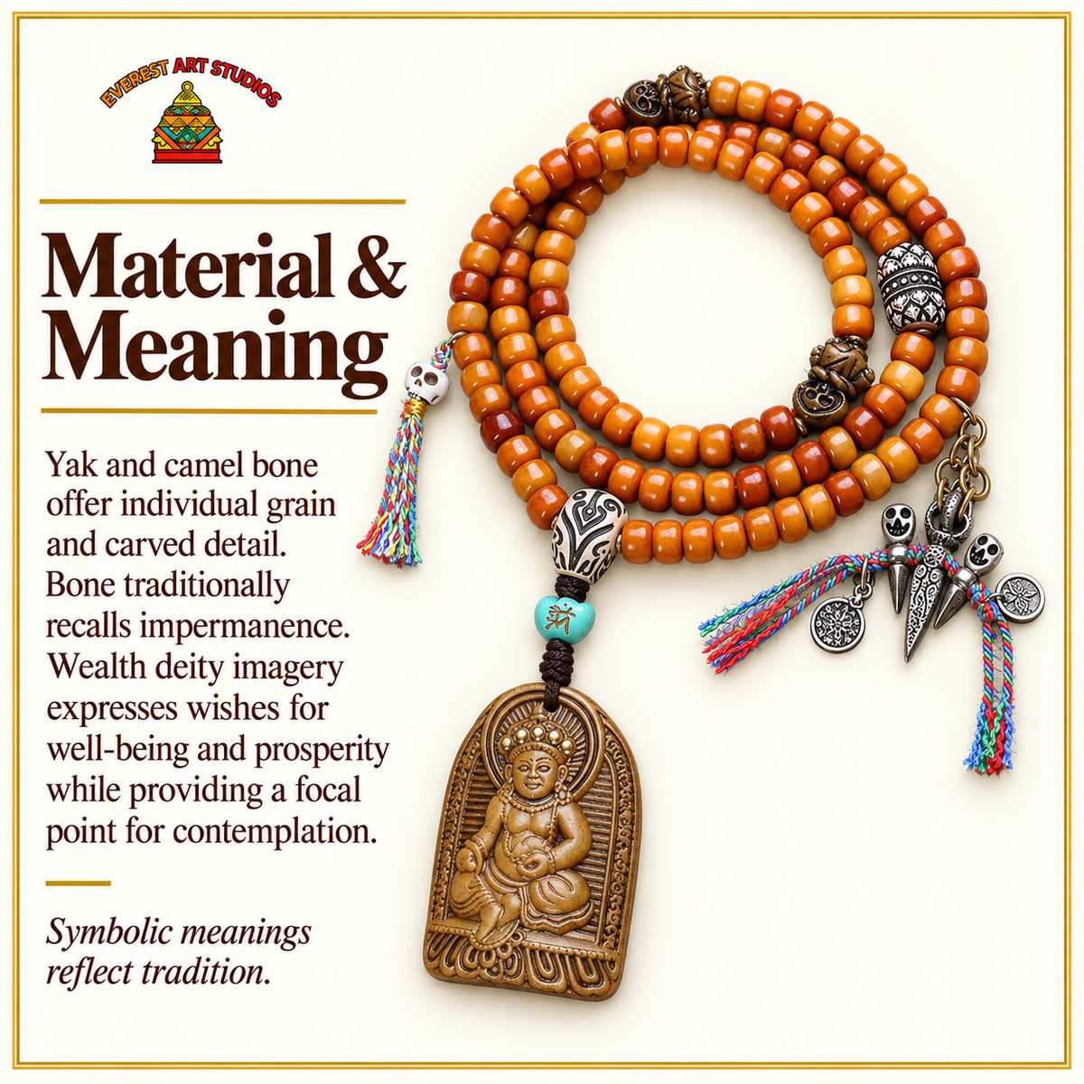 EverestArtstudios Yak Bone 108-Bead Mala with Wealth Deity Pendant and Camel Bone Accents — materials meaning