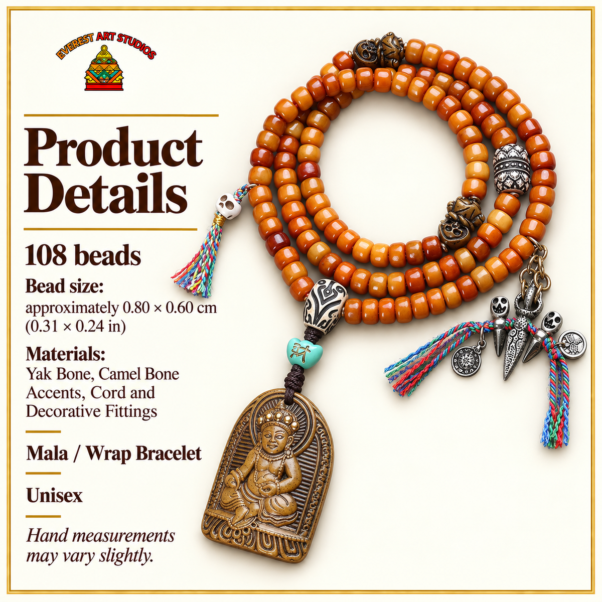 EverestArtstudios Yak Bone 108-Bead Mala with Wealth Deity Pendant and Camel Bone Accents — specifications