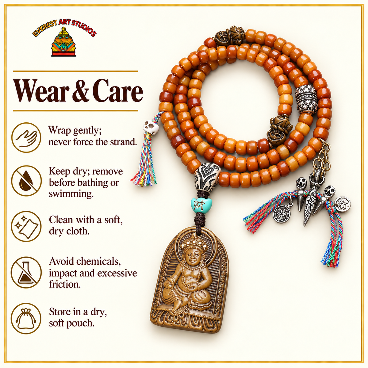 EverestArtstudios Yak Bone 108-Bead Mala with Wealth Deity Pendant and Camel Bone Accents — care