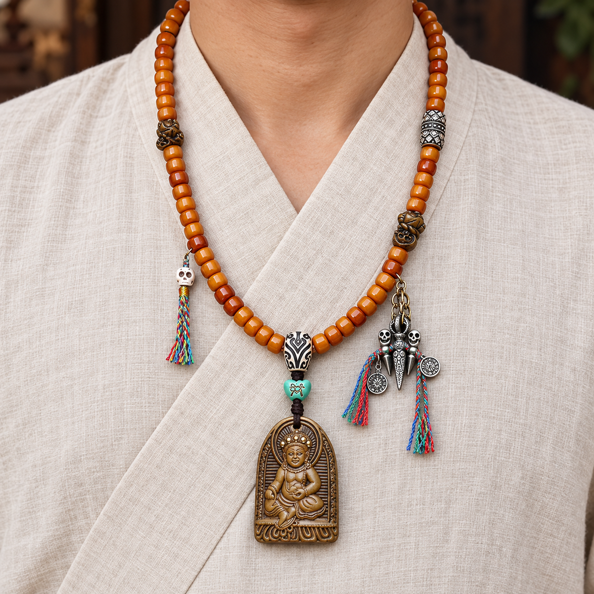 EverestArtstudios Yak Bone 108-Bead Mala with Wealth Deity Pendant and Camel Bone Accents — linen front