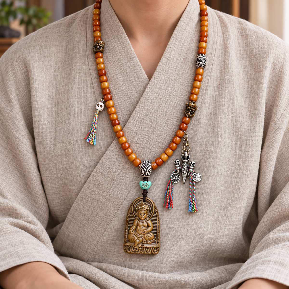 EverestArtstudios Yak Bone 108-Bead Mala with Wealth Deity Pendant and Camel Bone Accents — linen seated