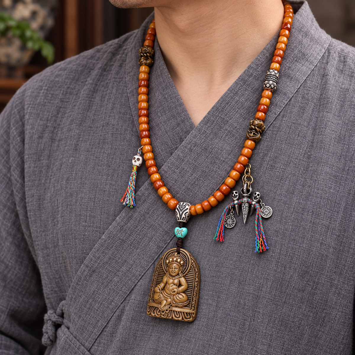 EverestArtstudios Yak Bone 108-Bead Mala with Wealth Deity Pendant and Camel Bone Accents — linen side