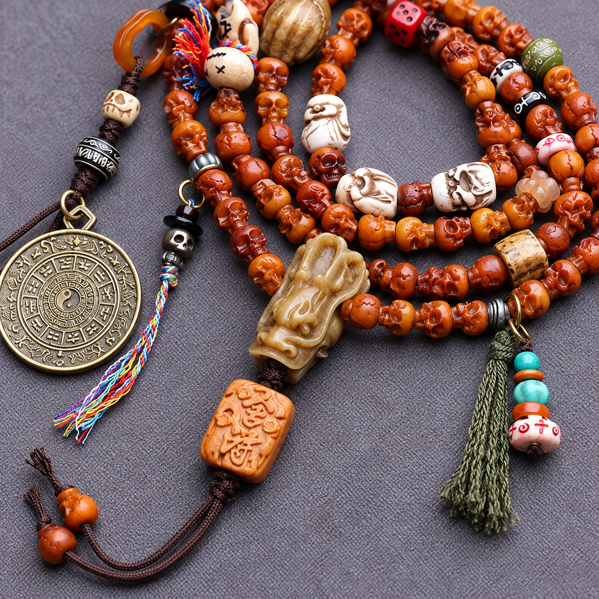 EverestArtstudios Carved Yak Bone 108-Bead Mala with Bagua and Mani Motif Charms — connection detail