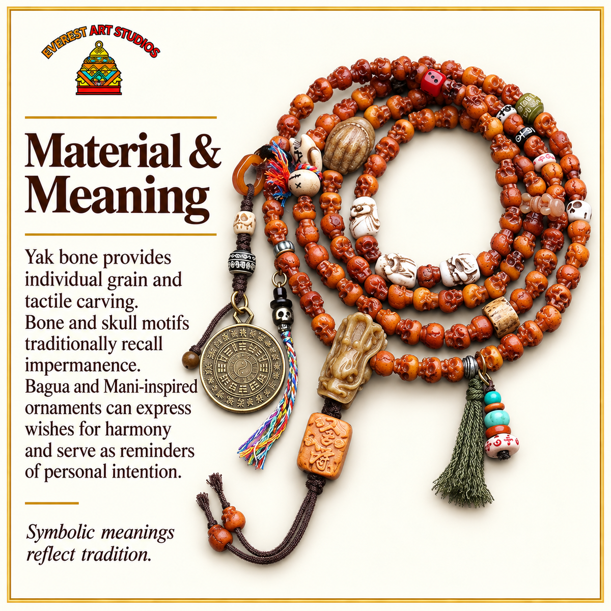 EverestArtstudios Carved Yak Bone 108-Bead Mala with Bagua and Mani Motif Charms — materials meaning